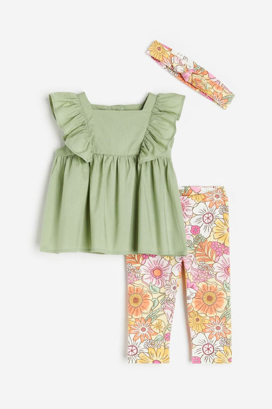 Set 3 piezas camisa verde leggins diadema H&M bebe niña