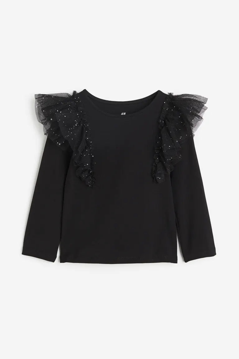 Camisa negra ruffle h&m niña manga larga revuelos