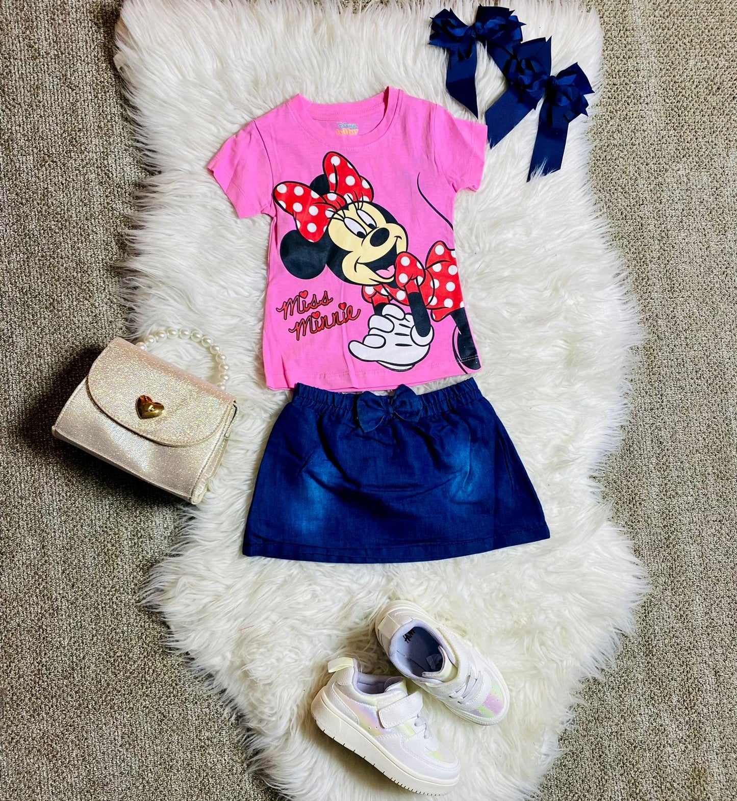 Set 2 piezas camisa rosada bebe niña Minnie Disney falda jeans