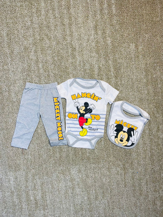 Set 3 piezas mameluco bebe niño mickey disney gris