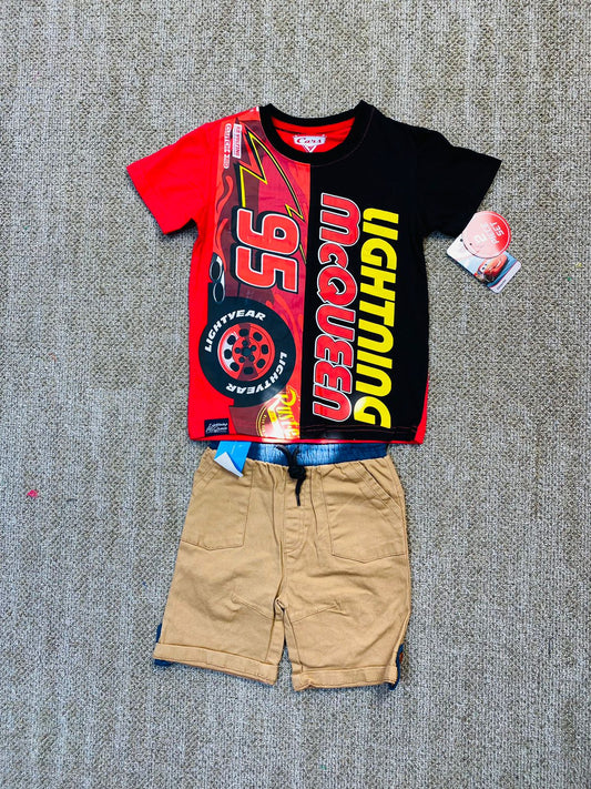 Set 2 piezas cars camisa roja short beige niño