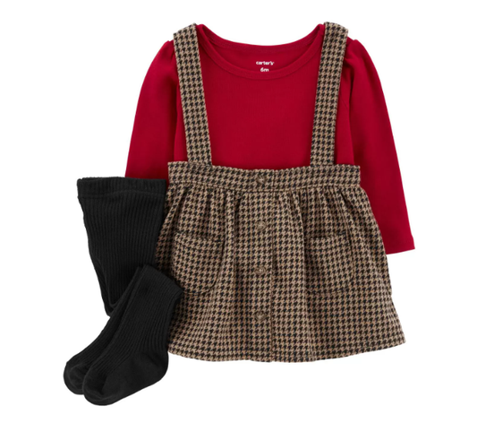 Vestido overall rojo 3 piezas cuadros con camisa Carters con medias