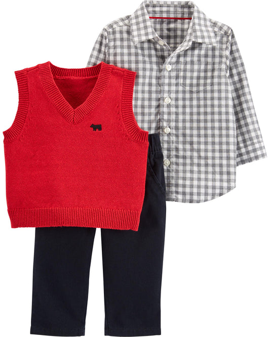 Set rojo cuadros Carters bebe niño 3 piezas sweater