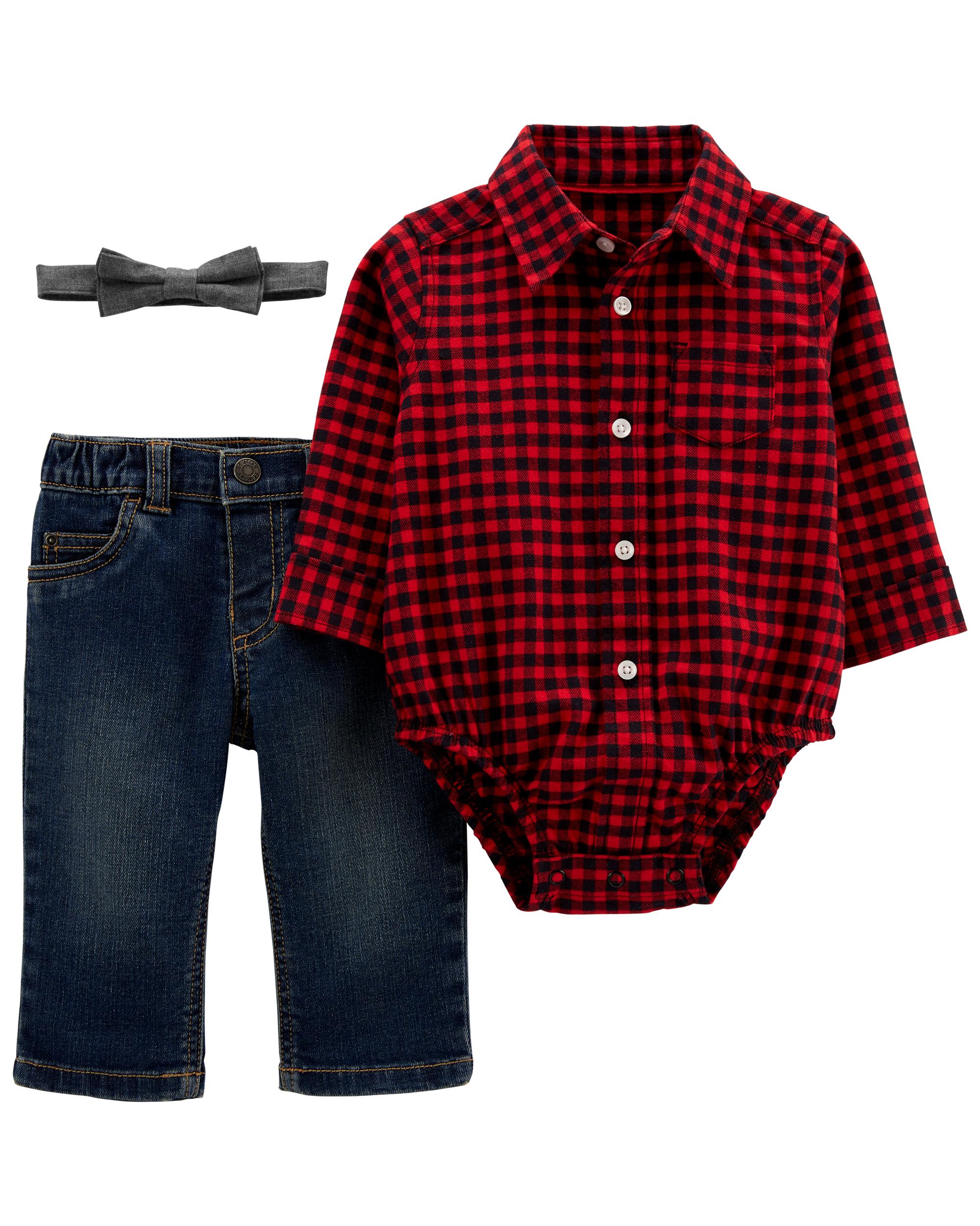 Set bebe ni o 3 piezas rojo cuadros corbatin Carters Kima Shop HN