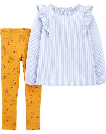 Set 2 piezas niña Carters camisa azul rayas leggings amarillas flores