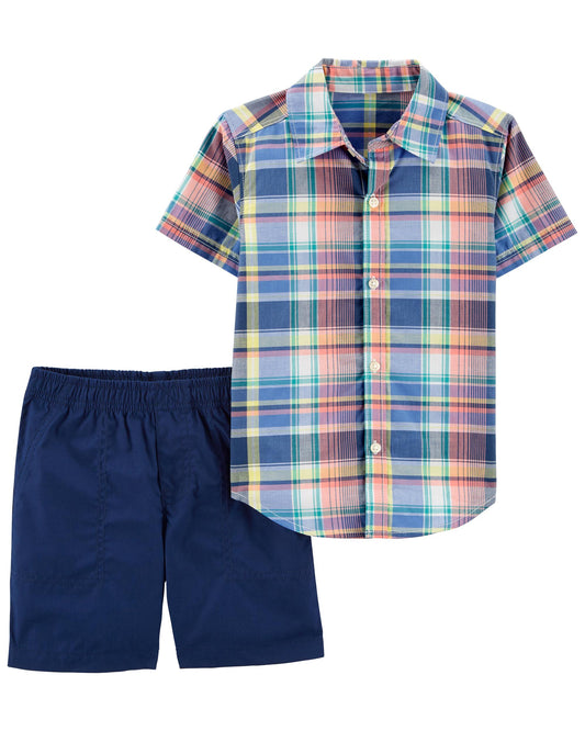 Set 2 piezas camisa cuadros short azul Carter's niño