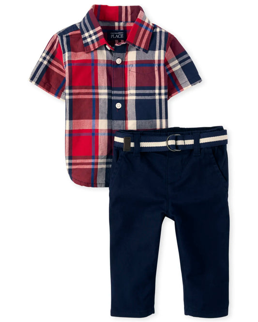 Set 2 piezas camisa roja cuadros pantalón children place niño