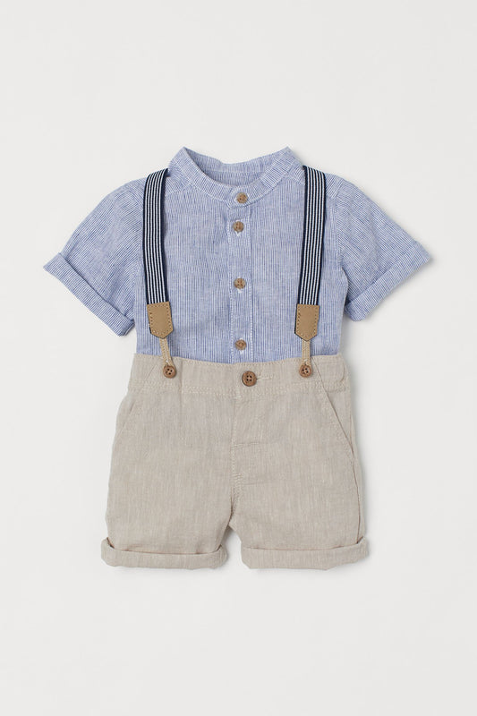 Set niño H&M formal tirantes camisa azul short beige