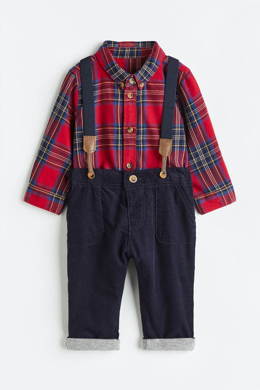 Set niño H&M formal 3 piezas camisa cuadros roja tirantes