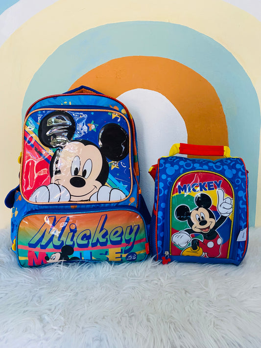 Mochila y lonchera Mickey Mouse azul y naranja